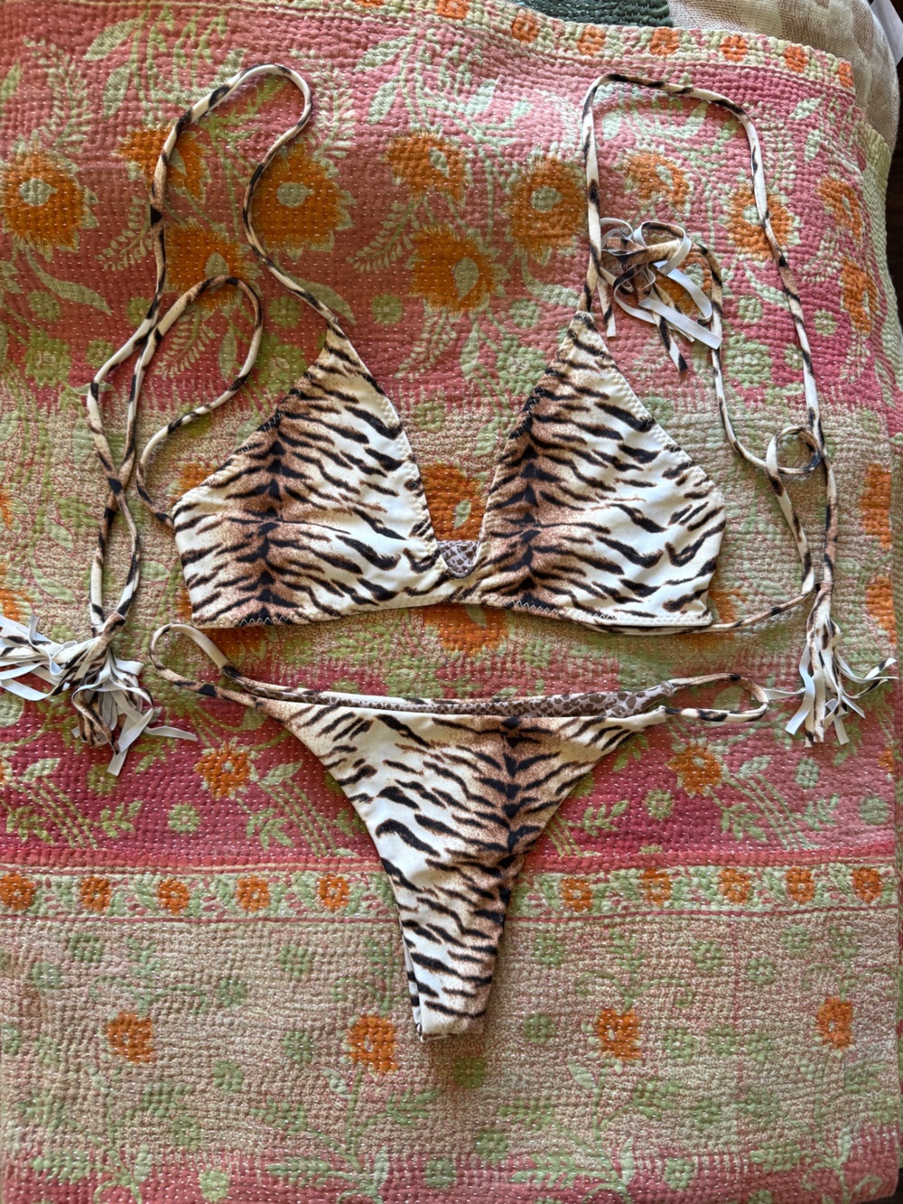 acacia swimwear Tiger Print Triangle Bikini in White and Brown